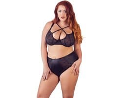 Cottelli Plus Size – Wetlook Kanten Lingerie Set met Transparante Motieven en Verstelbare Hals Bandjes – Maat 85F/L – Zwart
