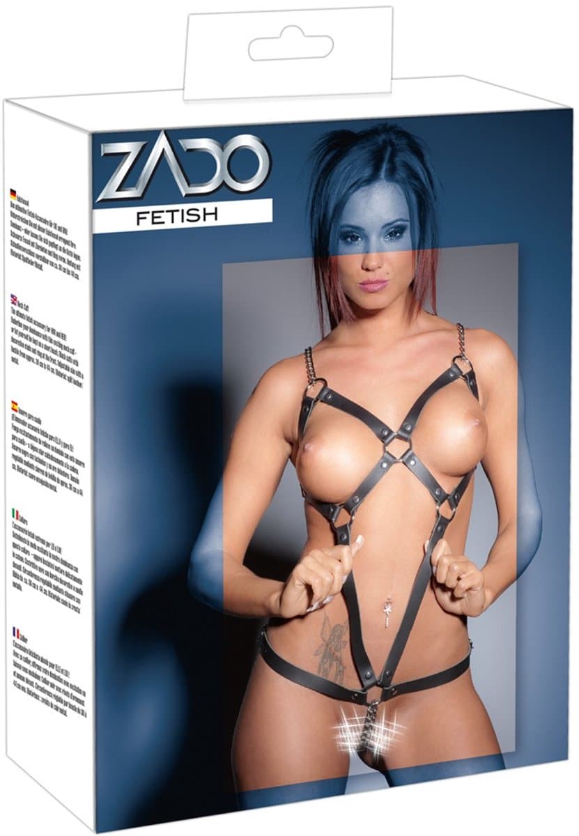 ZADO – Lederen Bondage Body Harnas met Open Vormen en Metalen Schaamlip Spreider – Zwart — afbeelding 1