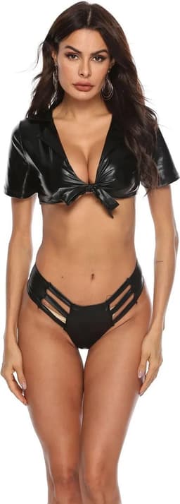 Passie Deluxe Lingerie setje - Sexy - Dames - Kunst Leer - PU Leather - Latex Look - Top - Slip - Ondergoed — thumbnail 4