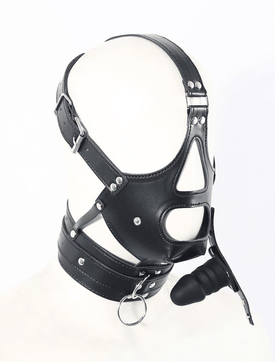 Adultshop - Luxe PU Leder Collar Masker met Ingebouwde Gag - Volledig Verstelbaar BDSM Hoofdharnas in Zwart — afbeelding 1