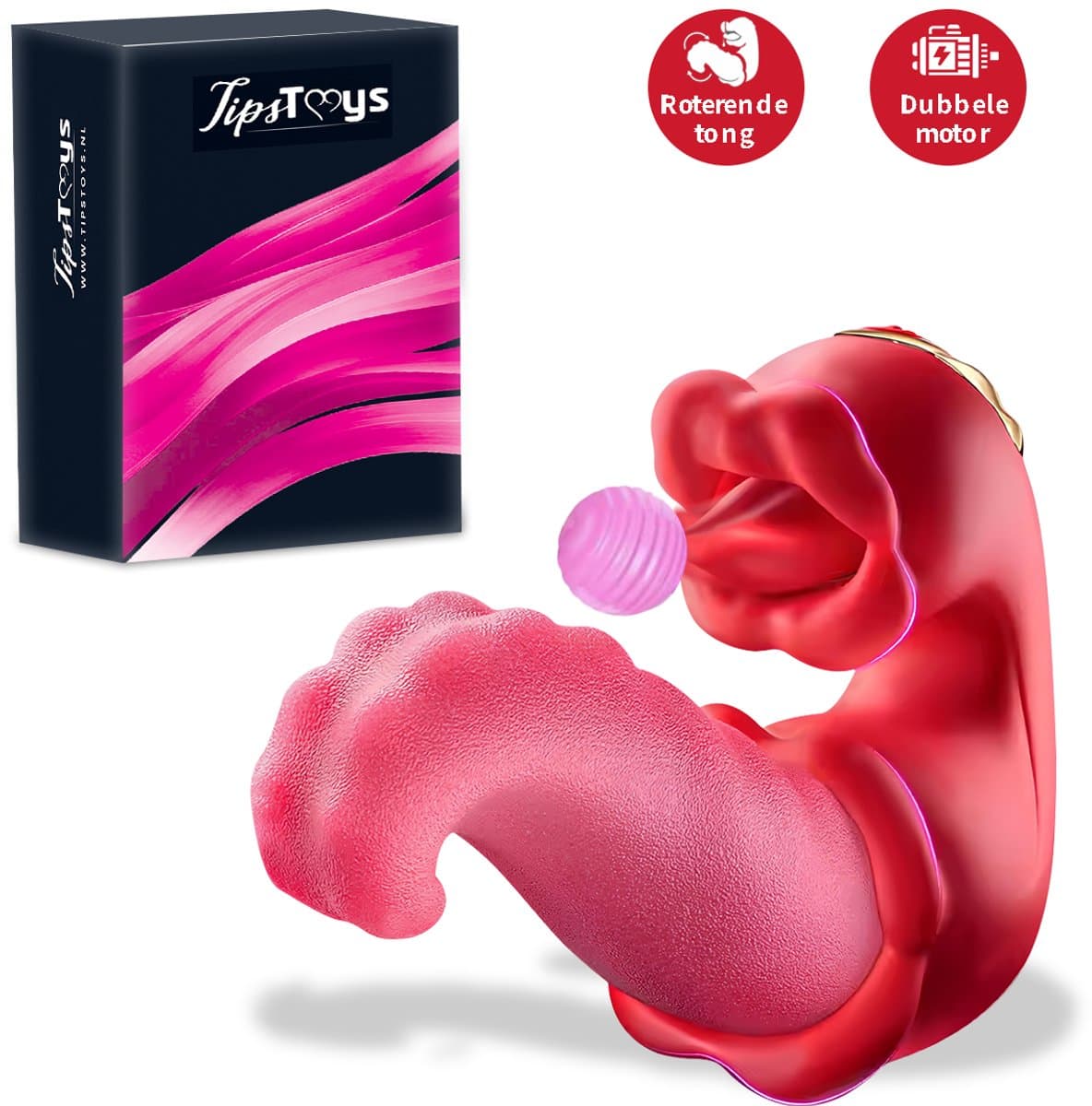 TipsToys® 4-in-1 Vibrator - Clitoris Zuiger en G Spot Stimulator - Likkende Ribbel Tong - 10 Standen Lik, Bef, Tril & Swing - Tepel, Vagina & Clit Teaser - Seksspeeltjes - Sex Toys voor Vrouwen - IPX6 - Rood — afbeelding 1