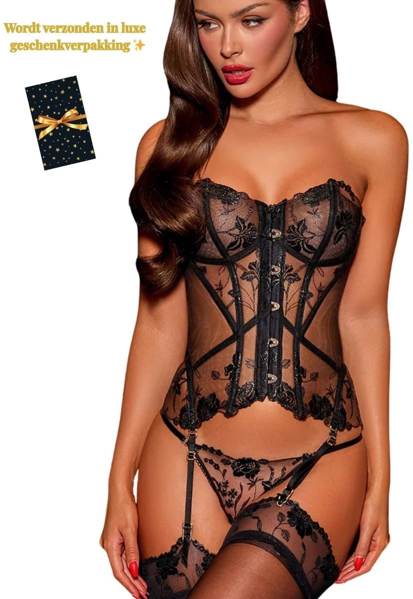Luxe Lingerieset Dames – Sexy Lingerie – Erotische Lingerie Set – Corset Lingerie met Jarretels en Kousen – Transparante Kant – Strapless & Transparante Bandjes – 4-delige Set – Zwart Kant – Chique Boudoir Lingerie – Dare to Undress – XS, S, M — afbeelding 1