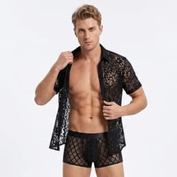 Erotische Herenblouse Zwart - Transparant Kanten Overhemd voor Heren - Sexy Clubwear voor Mannen - Maat L — thumbnail 3