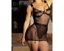 Luxe Lingerieset – Lingerie Erotisch – Sexy Lingerie – 4-delige set – Zwart Mesh – Lingerie Setje – Verleidelijke Body met Jarretels & Transparant Rokje – Sexy Lingerie – Chique Jurkje – Luxe –Boudoir Look – Kinky – Erotisch – Zwart – Maat XS, S, M