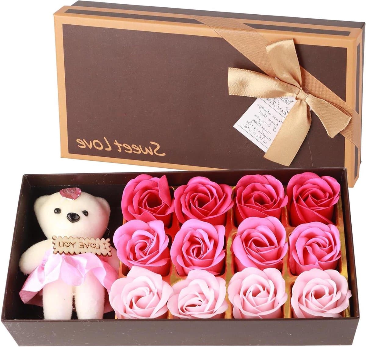 Bloemen Zeepboeket - Kunstbloemen Cadeau - Romantisch Geschenk - Met Knuffelbeer - 160g - Roze — afbeelding 1