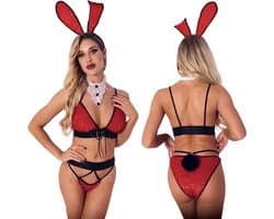 Sexy Bunny Pakje - 4 Delig Konijnen Kostuum - Zwart & Rood - Rollenspel / Cosplay / Roleplay / Anime - Bralette, Haarband, Kraag En Slip - One Size