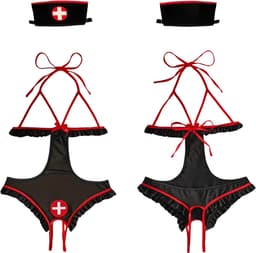 Sexy Verpleegster Lingerie Pakje - 2-delig Zwart Verkleedpakje - Body & Haarband - Zuster Kostuum - Dokter Rollenspel / Cosplay - Open Kruis Lingerie Ondergoed voor Dames - Maat 2XL / XXL — thumbnail 2