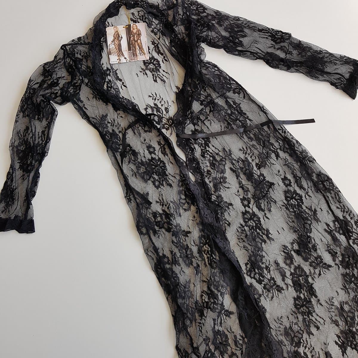 Zwarte lange doorzichtige kanten kimono - Sexy Kimono — afbeelding 1