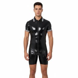 Latex Jumpsuit - Heren - Latex Wetlook - Zwart - Rits - Korte Mouwen En Broek — thumbnail 1