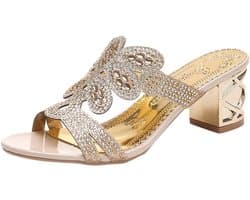 Dames sandalen - Zomerse muiltjes - Elegante uitstapjes - Strass en glitter details - Beige