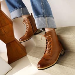 Enkellaarsjes Oxford Stijl - Brogue Wingtip Laarsjes - Casual Straat Kantoor - Ronde Vetersluiting Comfort - 3cm Blokhak 18cm Hoogte — thumbnail 2