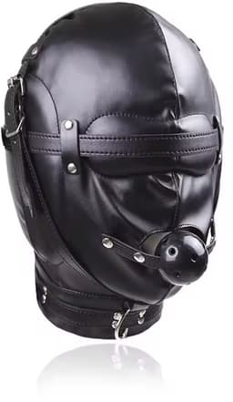 Masker Met Gagbal En Halsband - BDSM - Zwart - Blinddoek - Hoofdmasker - PU Leer — thumbnail 1