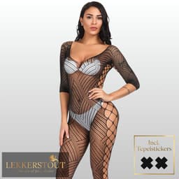 LekkerStout Visnet Catsuit met Open Zijkanten - Zwart - Driekwart Mouwen - One Size S-L | LS389 — thumbnail 3