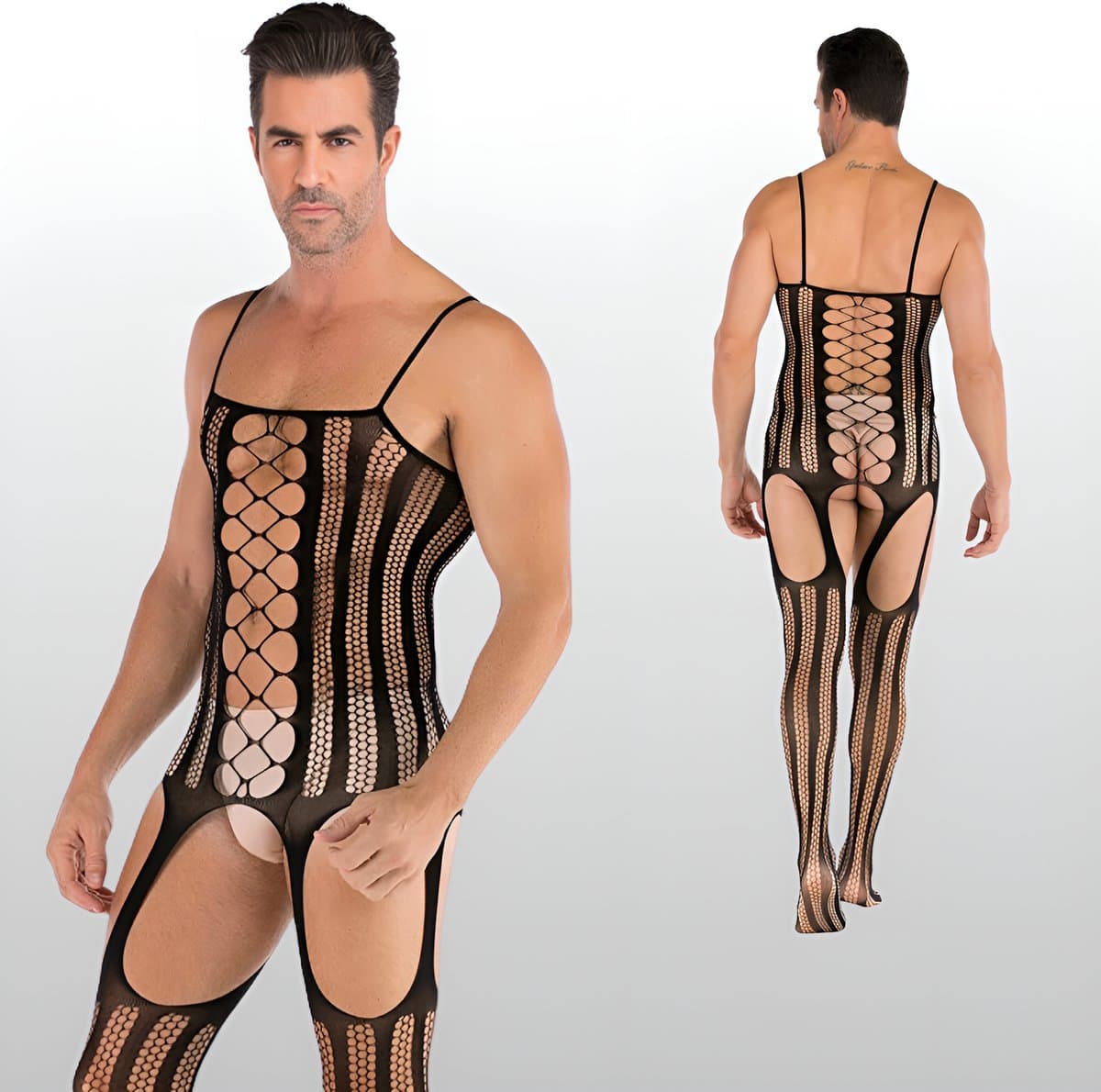 LekkerStout Heren Jarretel Bodystocking - Zwart - Visnet Herenlingerie - One Size S-XL | LS143 — afbeelding 1