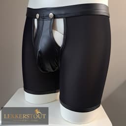 Heren Boxer met Lange Pijpen en Open Kruis - Mesh / PU Leder - Zwart - Maat XL | LS067 — thumbnail 5
