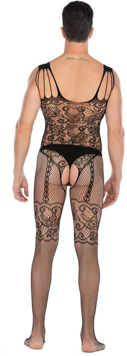 LekkerStout Heren Bodystocking - Zwart - Kant & Jarretel Look - Open Kruis - One Size M-XL | LS089 — thumbnail 3