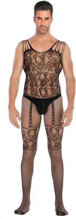 LekkerStout Heren Bodystocking - Zwart - Kant & Jarretel Look - Open Kruis - One Size M-XL | LS089 — thumbnail 1