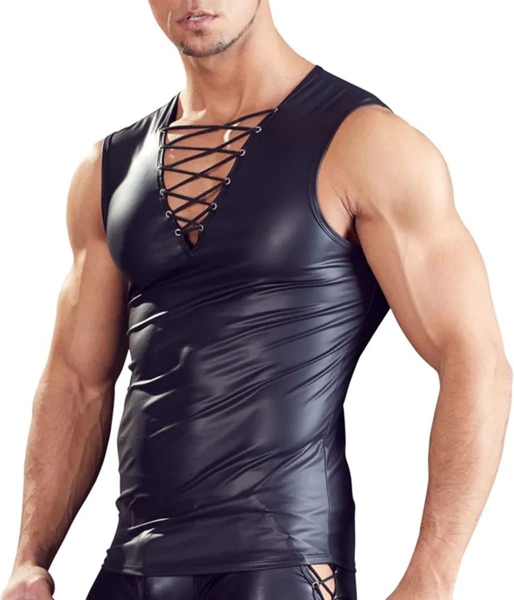 PU lederen top heren- V-hals met veters - Shirt leer - Zonder mouwen - Erotische body mannen - Goede kwaliteit — afbeelding 1