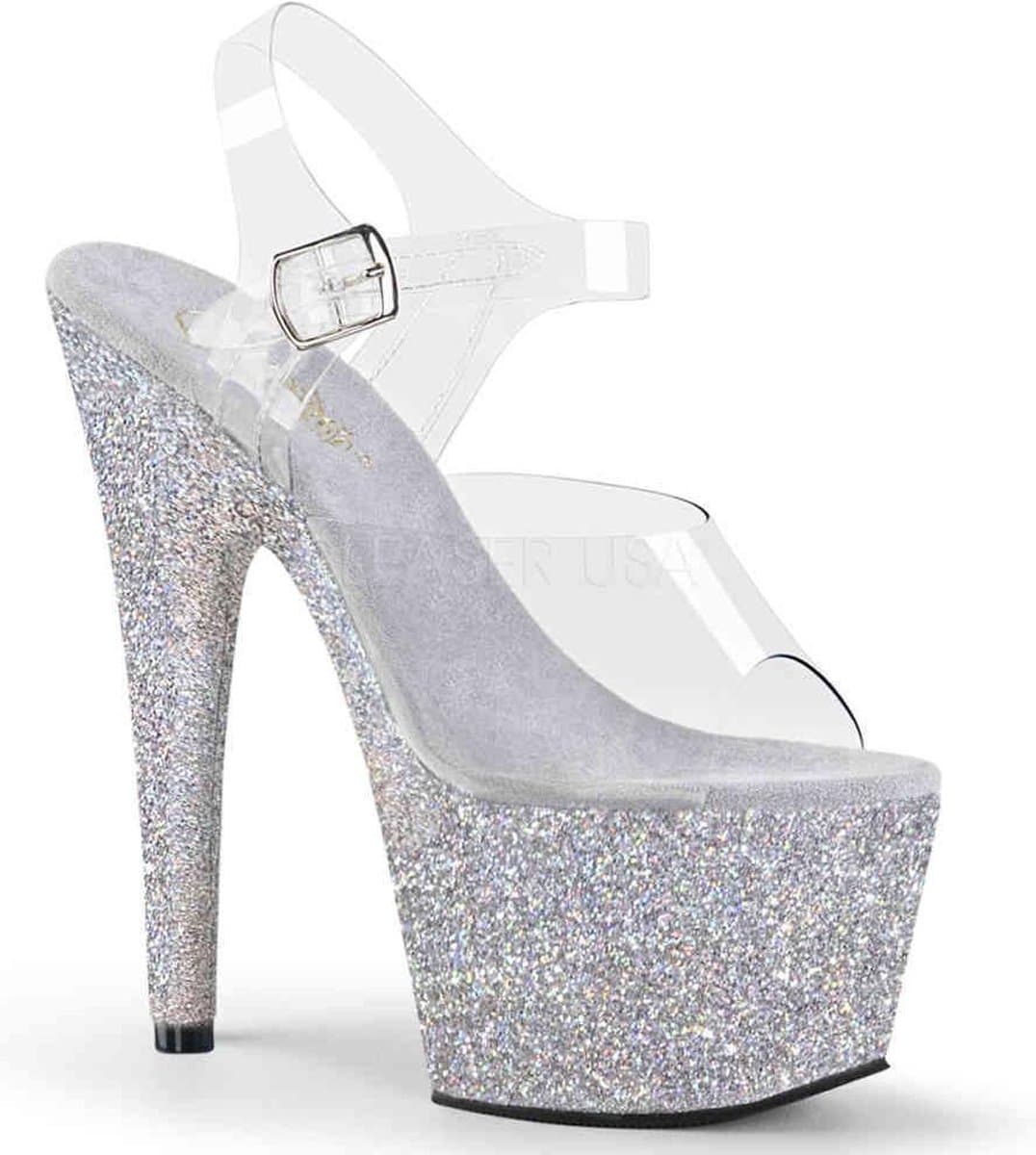 Pleaser - ADORE-708HMG Sandaal met enkelband, Paaldans schoenen - Paaldans schoenen - 41 Shoes - Zilverkleurig/Transparant — afbeelding 1