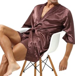 Satijnen Kimono Herenlingerie - Goud Bruine Kimono satijn - Heren nachtkleding - Erotisch - Glanzend - Badjas - Goede kwaliteit — thumbnail 1