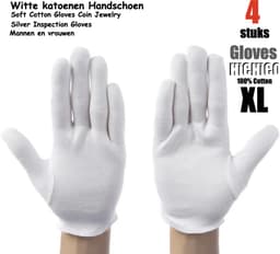 Katoenen handschoenen wit XL 4stuks – 2 paar Beschermende Handschoenen - Gezondheidszorg - Ziekenhuis - Beauty Center, Kapper en Salon Spa Tattoo – Jewelry - eczeem / allergie / handcreme - juweliers / munt handschoen — thumbnail 1