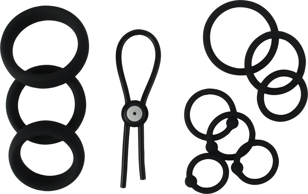 Banoch | Cockring set 11 delig | zwart siliconen en verstelbaar | diameter Ø 25/28/30/32/40/45/50 mm — afbeelding 1