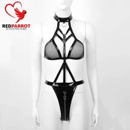 Erotische Uitgeholde Bodysuit - Jumpsuit - Lingerie - Wetlook - Zwart - Rits — thumbnail 3