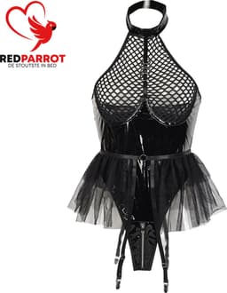 Erotische Rok Jumpsuit - Latex Wetlook - Transparante Borsten - Open Kruis - Dames — thumbnail 2