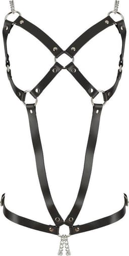 ZADO – Lederen Bondage Body Harnas met Open Vormen en Metalen Schaamlip Spreider – Zwart — thumbnail 2