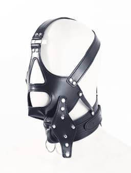 Adultshop - Luxe PU Leder Collar Masker met Ingebouwde Gag - Volledig Verstelbaar BDSM Hoofdharnas in Zwart — thumbnail 2