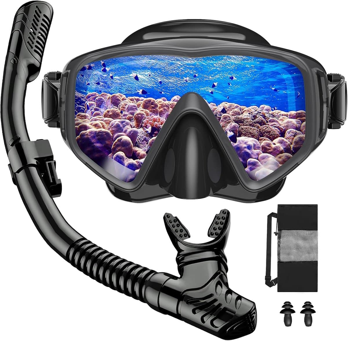Snorkelset voor volwassenen, snorkelset met duikbril en droge snorkel voor heren en dames, anti-lek en anti-condens, duikmasker van gehard glas voor duiken, snorkelen en zwemmen — afbeelding 1
