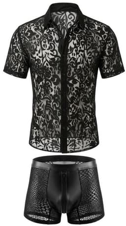 Erotische Herenblouse Zwart - Transparant Kanten Overhemd voor Heren - Sexy Clubwear voor Mannen - Maat XXL — thumbnail 4