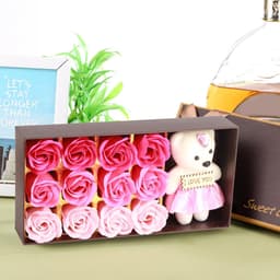 Bloemen Zeepboeket - Kunstbloemen Cadeau - Romantisch Geschenk - Met Knuffelbeer - 160g - Roze — thumbnail 4