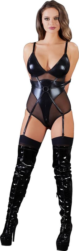 Cottelli Collection – Bondage Jarretel Body Wetlook met Elleboog Riemen en Tepel Sluiting – Maat S – Zwart — thumbnail 1