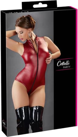 Cottelli Collection –  Wetlook Body met Tweeweg Rits van Hals tot Kruis – Maat XL – Rood — thumbnail 1