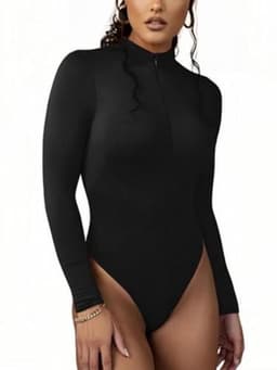 Dames Long Sleeve Elegante Bodysuit Tops - Sexy en Stretchy T-shirt met Rits — thumbnail 1