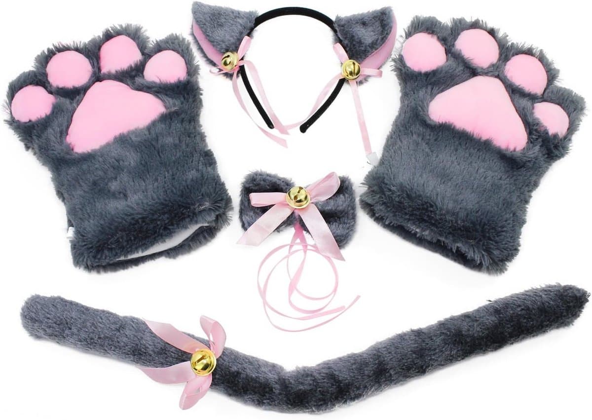 Cosplay Kat Kostuum Set voor Dames en Meisjes - Pluche Klauw Handschoenen, Oren, Staart en Kraag — afbeelding 1