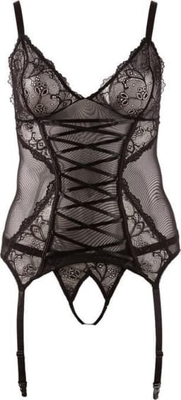 Cottelli Plus Size – Sexy Jarretel Set met Licht Transparante Motieven en Open Kruis – Maat XL – Zwart — thumbnail 3