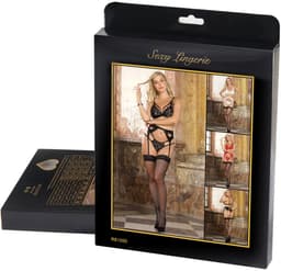 Sexy Lingerie - 3-delige Luxe Erotische Lingerie Set - BH in Kanten Cups met Strikjes - Jarretel en String met hartvorm - Erotiek - Valentijnsdag - kleur Zwart - Plus size - Maat 3XL-4XL — thumbnail 5