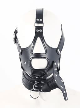 Adultshop - Luxe PU Leder Collar Masker met Ingebouwde Gag - Volledig Verstelbaar BDSM Hoofdharnas in Zwart — thumbnail 4