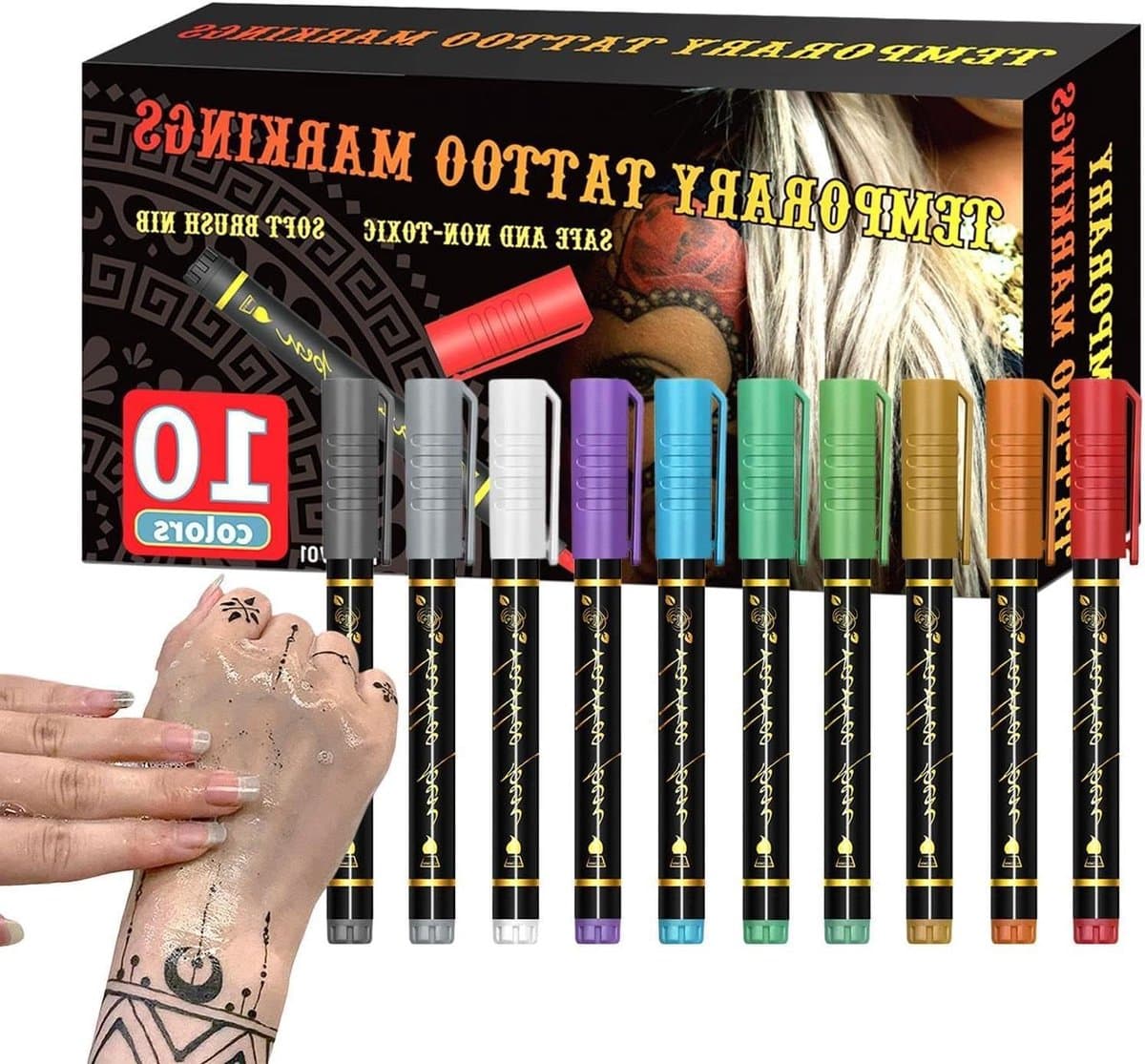 Body Paint Markers - Huidverf Stiften - Artistiek Tekenen - Huidvriendelijk Afwasbaar - 10 Kleuren - Multicolor — afbeelding 1