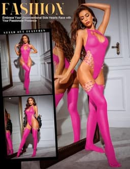 merkloos Dames bodystocking met strass, roze netstof lingerie set — thumbnail 2