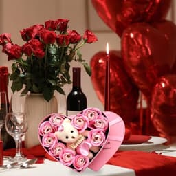 Rozen Cadeau Set - Zeep Rozen Doos - Romantisch Cadeau - Hartvormige Doos - 17x15.5x4 cm - Roze — thumbnail 3