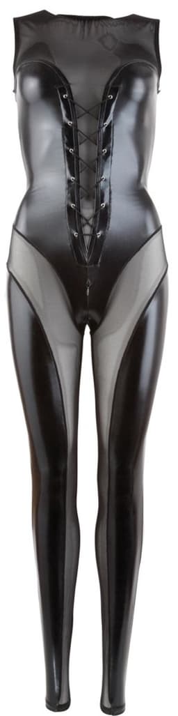 Cottelli Collection – Geregen Catsuit van transparant powernet met wetlook extravagant en aantrekkelijk – Maat M - Zwart — thumbnail 2