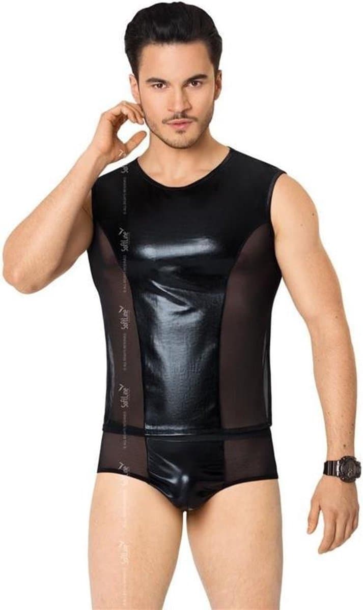 Wetlook heren shirt en slip met netstof details zwart XL — afbeelding 1