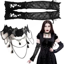 Dailygoods - Lange Kant Handschoenen, Kant Handschoenen Zwart en Gothic Tattoo Chokers Roos Prom Opera Wanten Handschoenen voor Vrouwen en Meisjes Vingerloos Elleboog Lengte Vintage Mesh Handschoenen Lolita — thumbnail 1