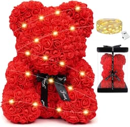 Rozenbeer - Kunstbloemen beer - Romantisch cadeau - Met ledverlichting - 25 cm - Rood — thumbnail 1