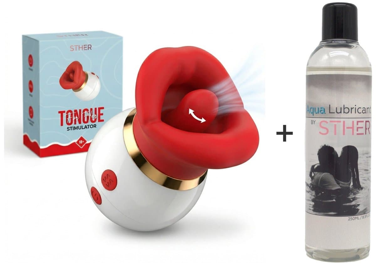 STHER – 3 in 1 Clitoris Stimulator met Tongbeweging – Incl 250ml Waterbasis - Vibrators voor vrouwen & Sex Toy – 10 Standen – Oplaadbaar & Waterproof – Rood — afbeelding 1