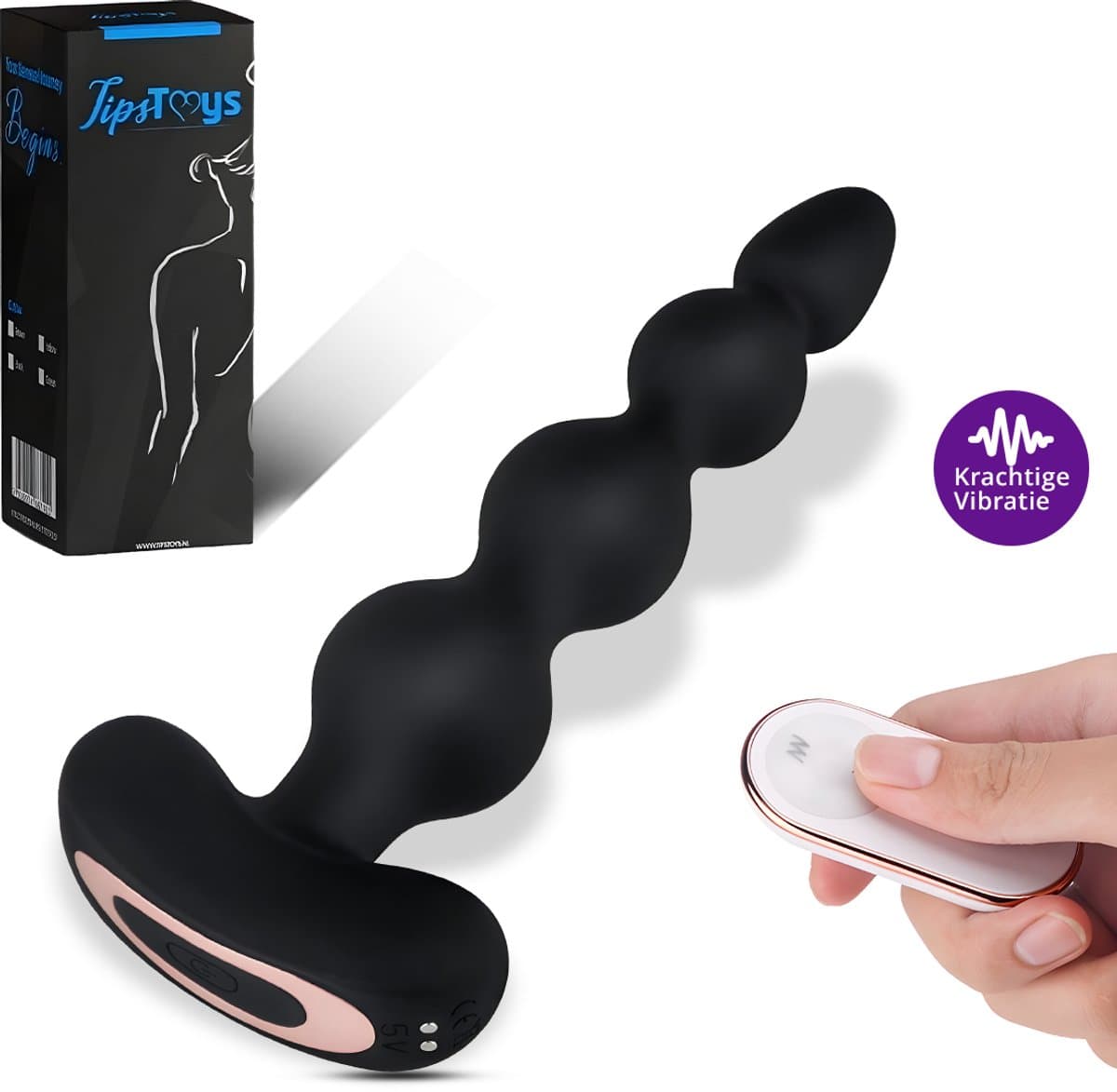 TipsToys® Prostaat Vibrator met Afstandsbediening - Stimulator met Anal Beads - 9 Vibrerende Standen - 2.2-3.6⌀ Anale Buttplug Massager - Prostate Sex Toys voor Mannen, Vrouwen en Koppels - Waterdicht, Vibrerend & Oplaadbaar - Siliconen - Zwart — afbeelding 1