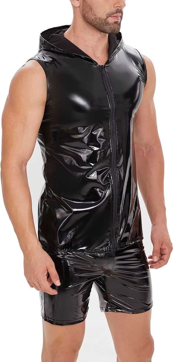 PU Lederen tanktop met capuchon - Ritssluiting - Latex wetlook vest - Mouwloos - Shirt - Heren — afbeelding 1